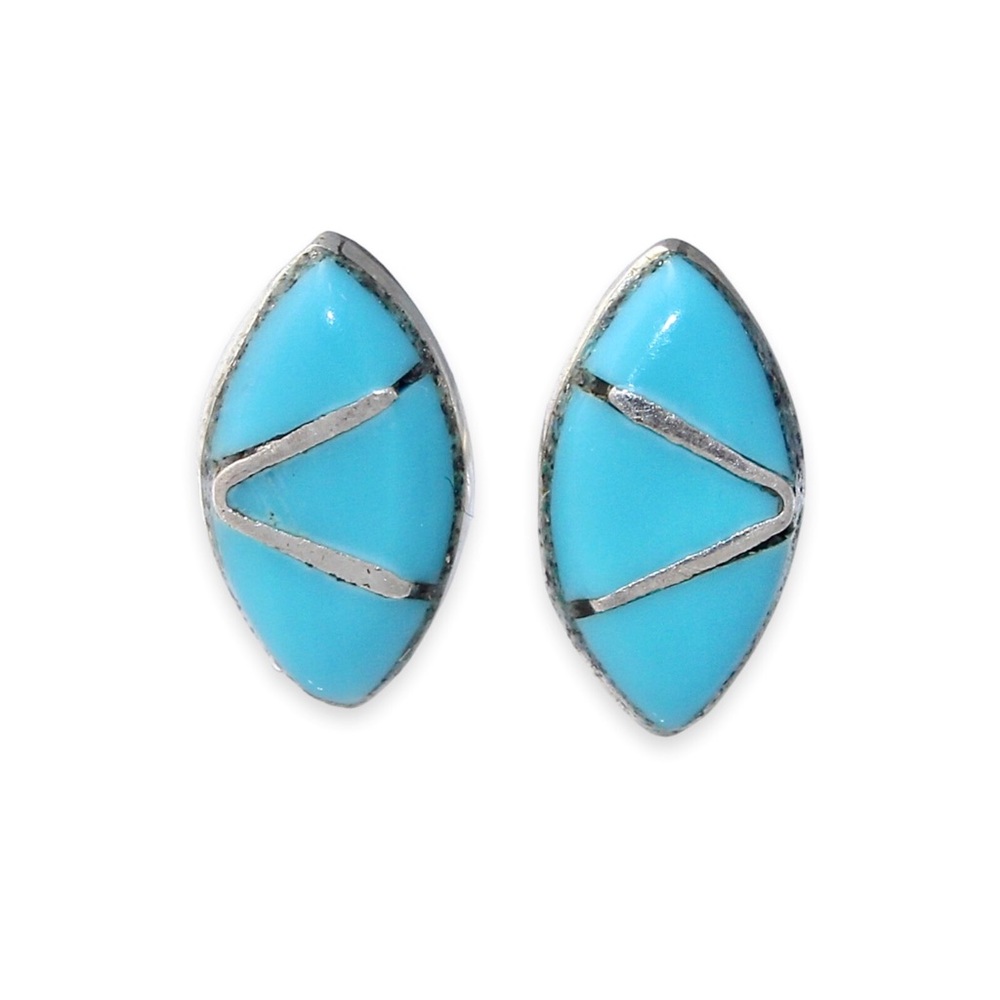 Estate Turquoise Inlay Sterling Silver Stud Earrings Zuni Native American Studs